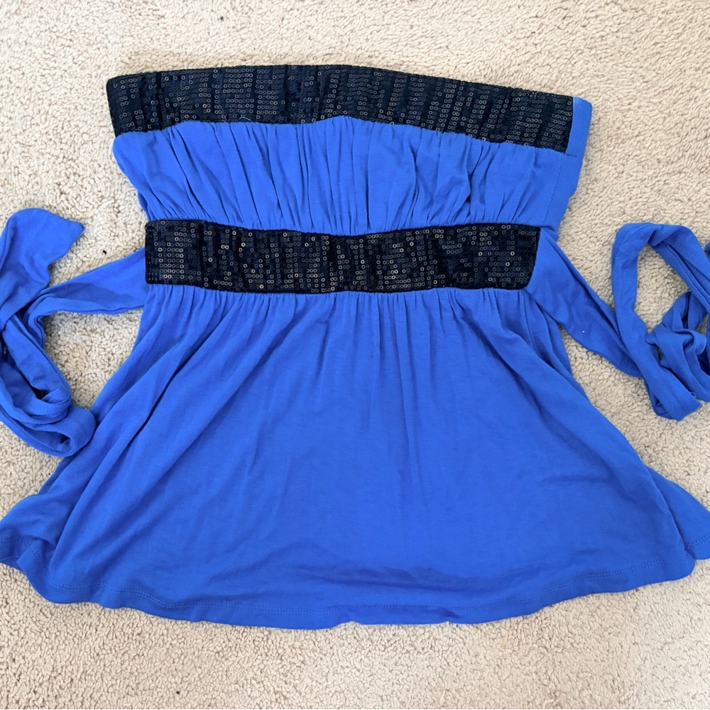 Blue Strapless Top with Black Accents